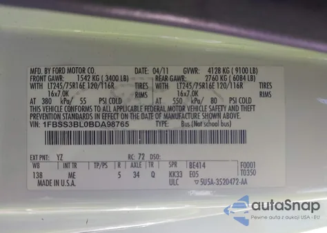 2011 Ford E-350 Super Duty Xlt z USA, uszkodzony, nr VIN 1FBSS3BL0BDA98765